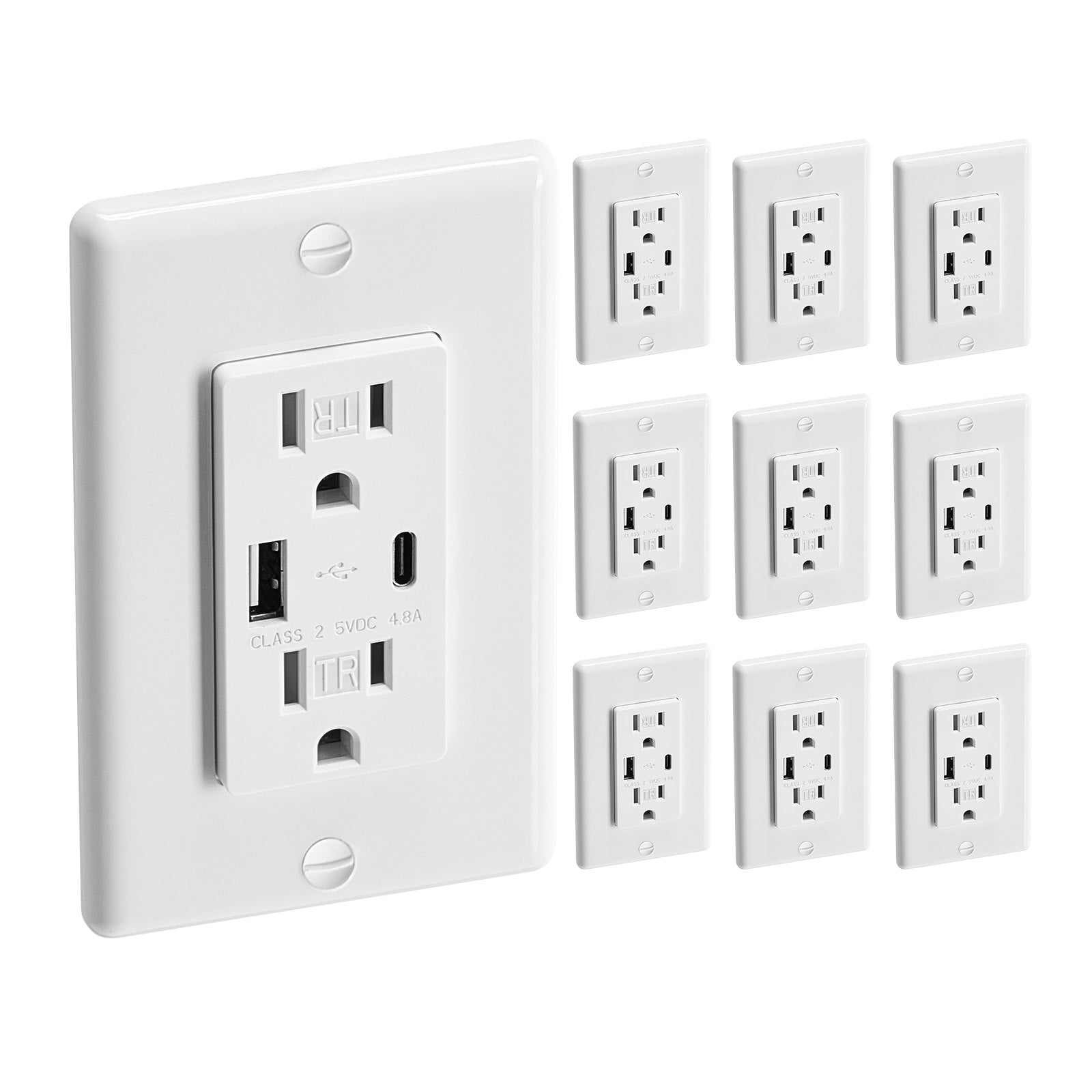 10 PCS USB Outlet 24 W 15A Wall Electrical Outlet With 1 Type C 1 Type A